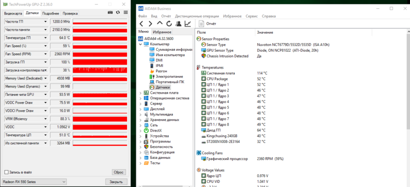 AIDA64 — температурный график: CPU ~52 °C, GPU ~64 °C