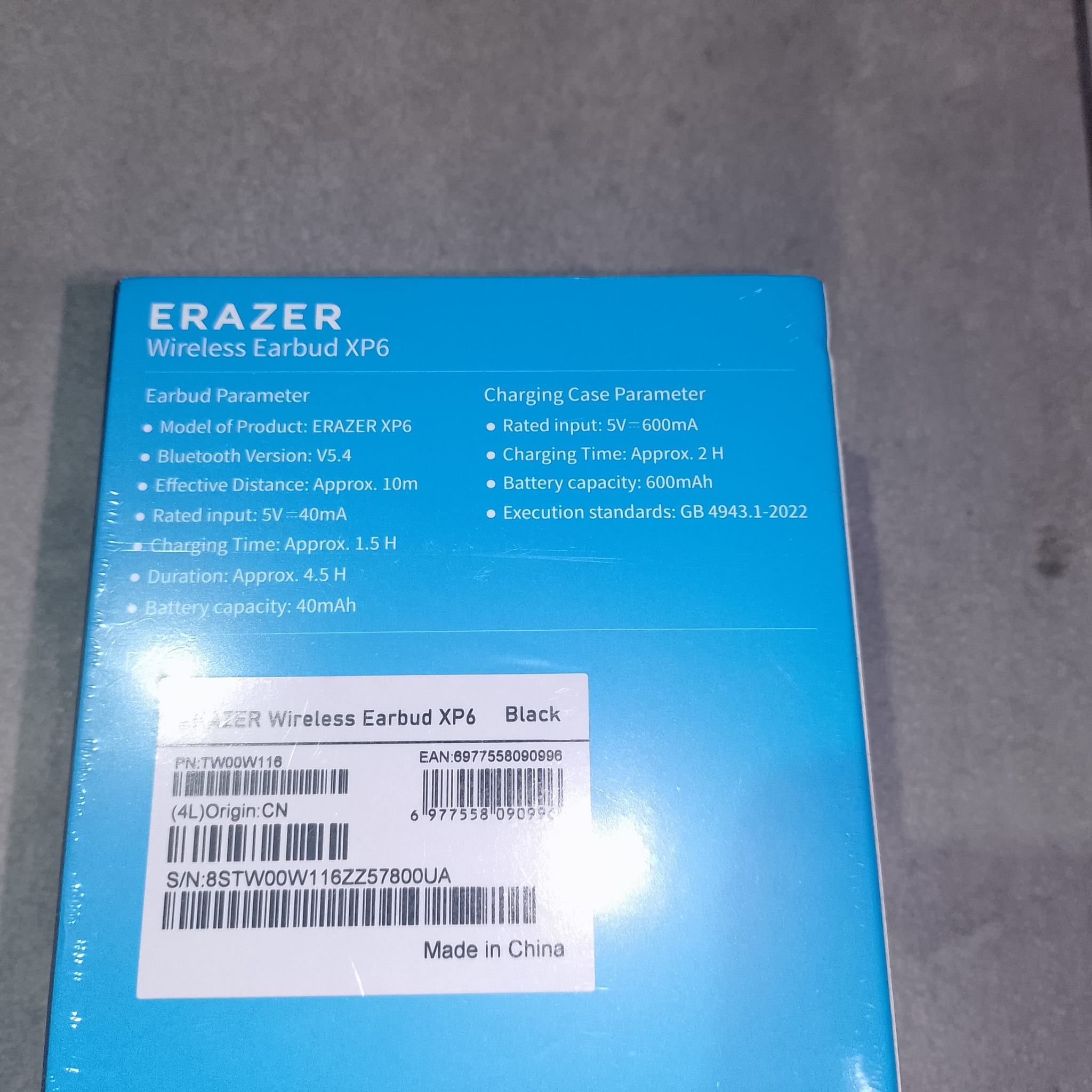 ERAZER XP6 - характеристики на синей наклейке коробки