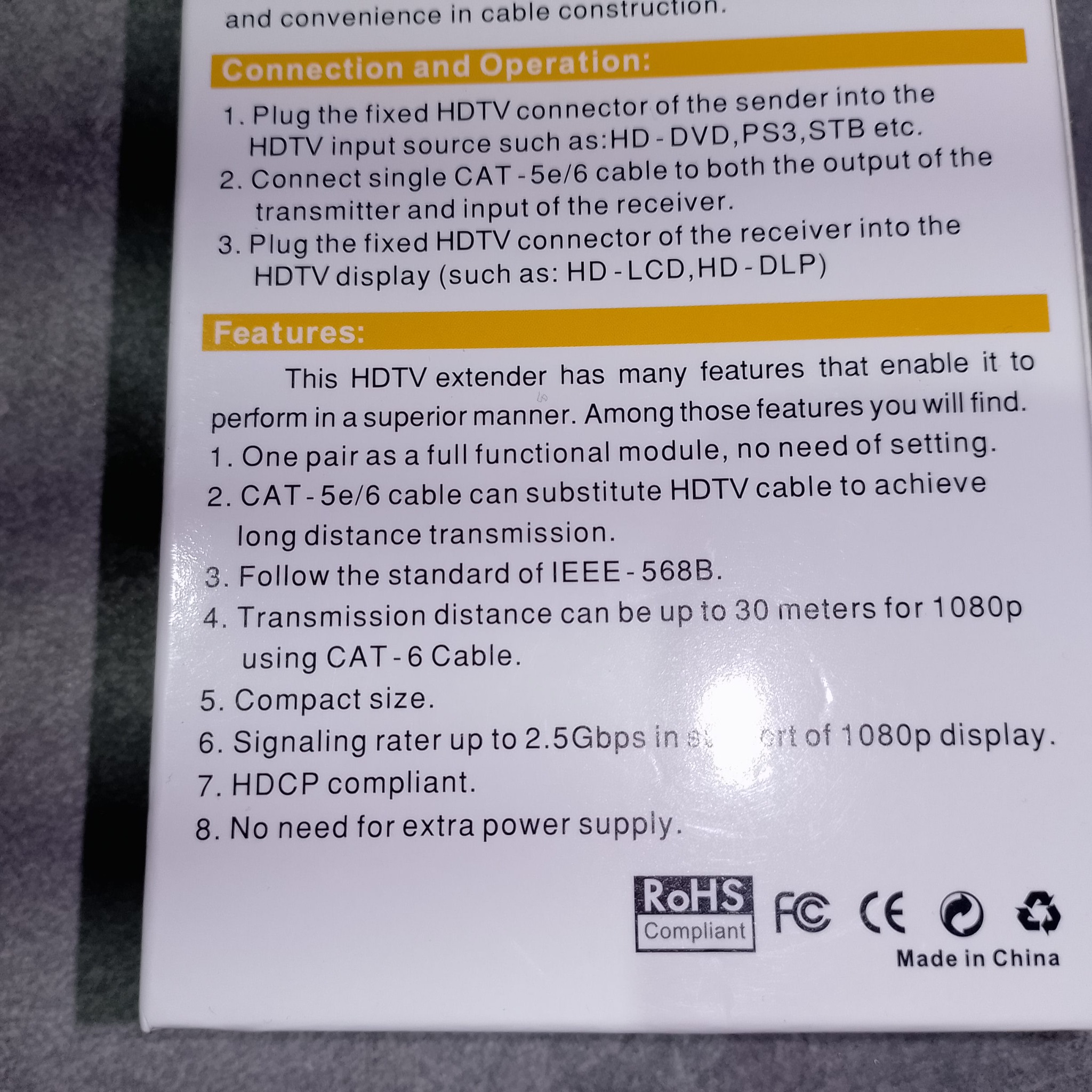 HDMI Extender TX/RX - текст на упаковке с заявлением 30 метров