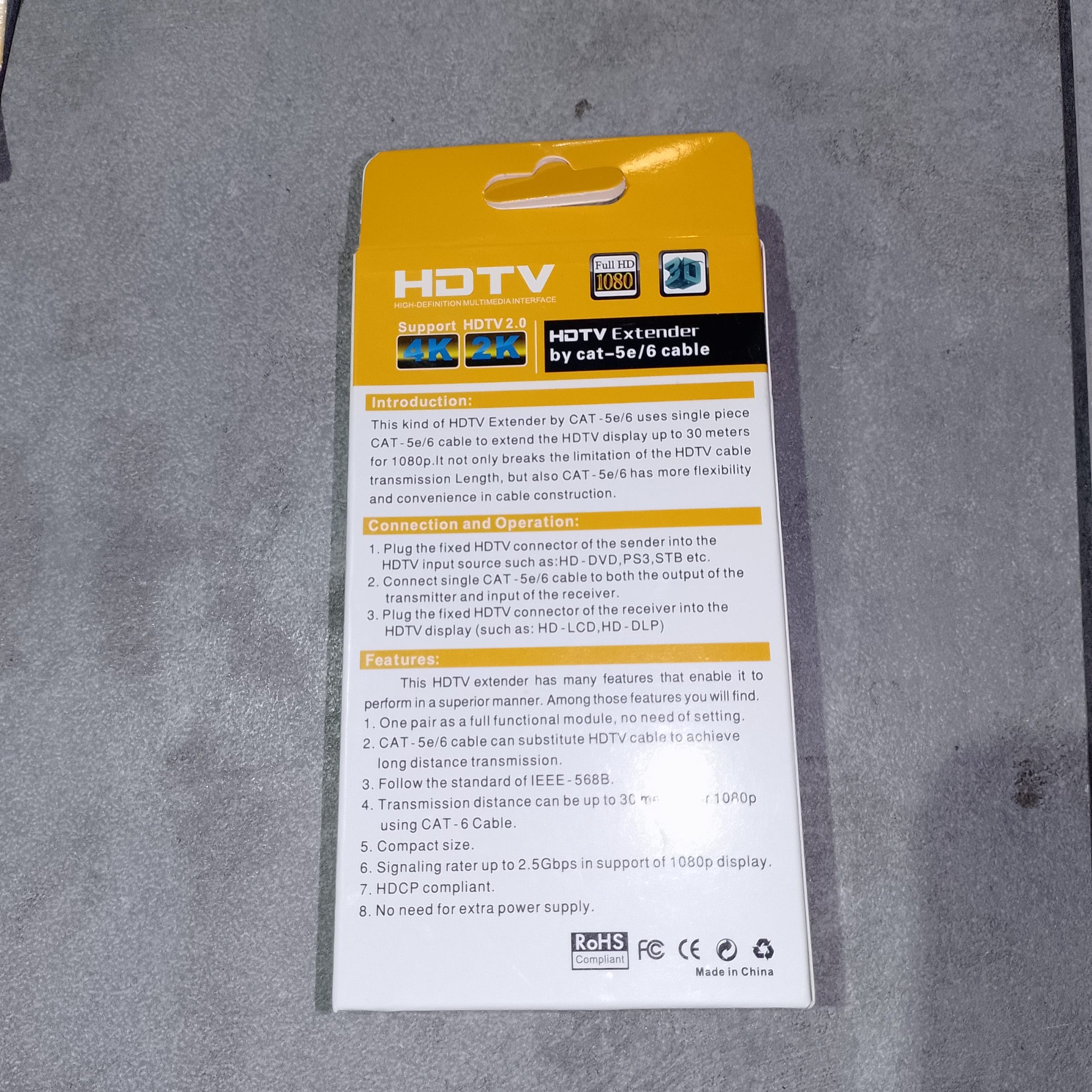 HDMI Extender TX/RX - обратная сторона упаковки с характеристиками CAT5e и Full HD