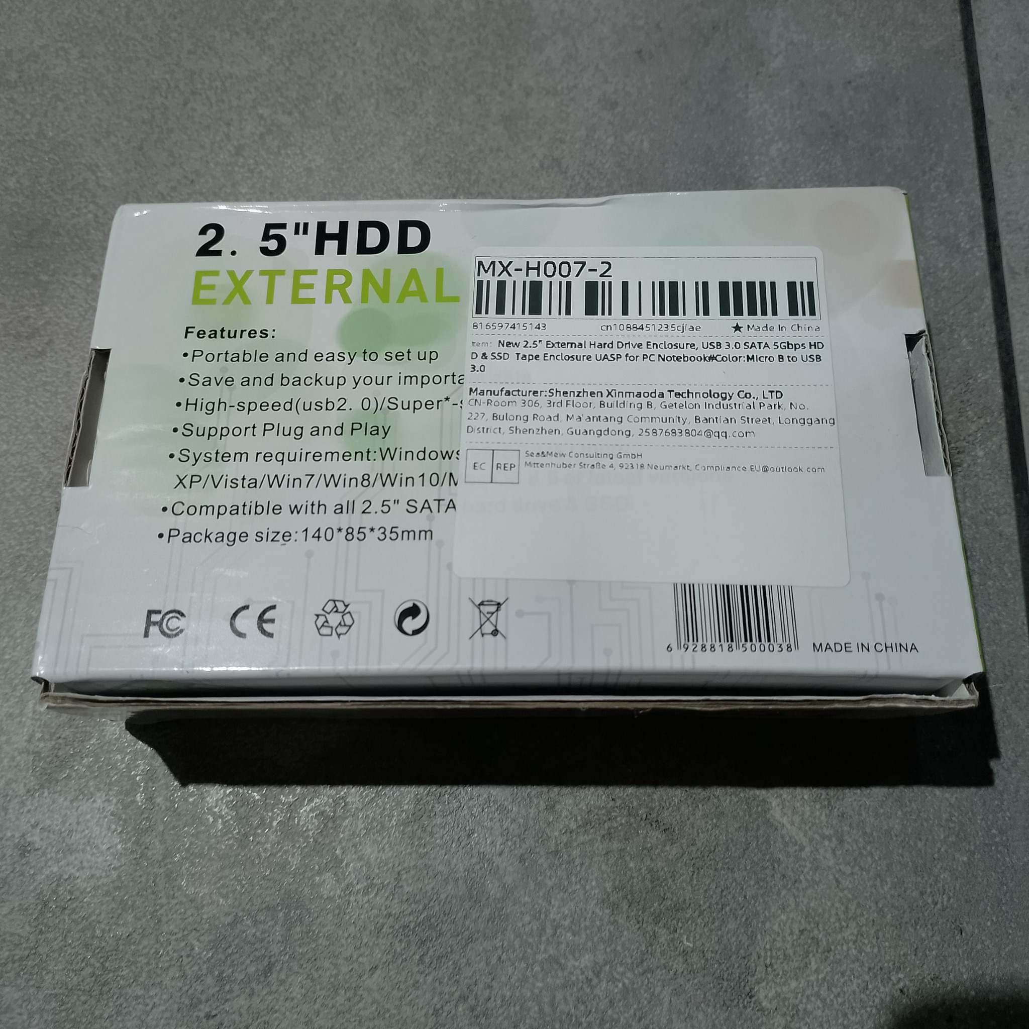 обратная сторона коробки внешнего корпуса 2.5 SATA USB 3.0