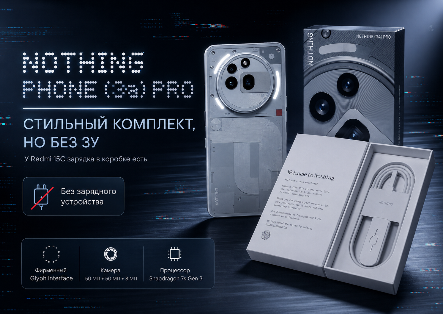 Nothing Phone 3a Pro обзор - стилизованная обложка без зарядного устройства в комплекте
