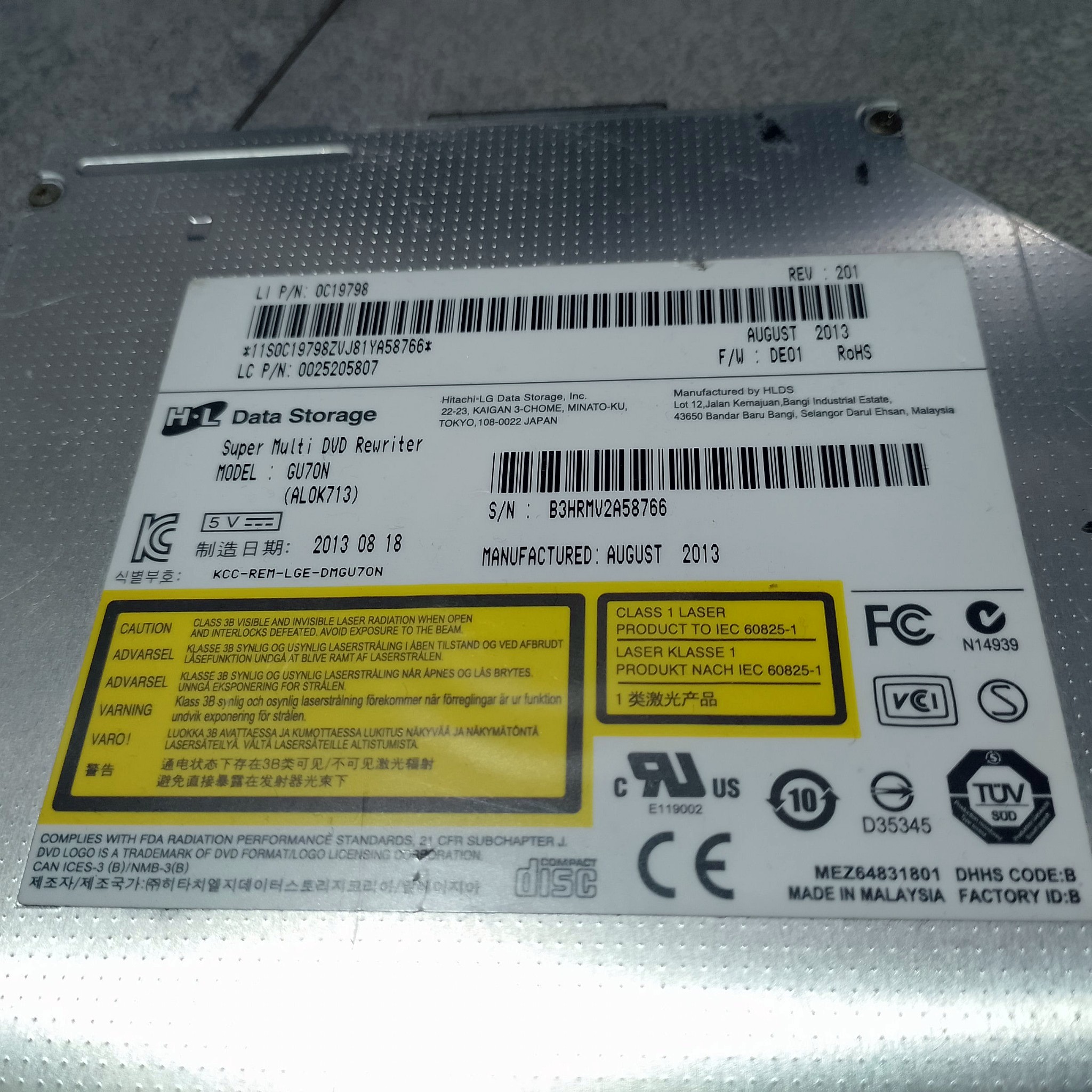 Маркировка HL Data Storage GU70N на ноутбучном Slim DVD-приводе